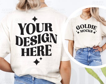 Gildan 64000 Natural Tshirt Front & Back Mockup | G640 Natural T-shirt Front Back Mock-up | Real Model Mock Split View Minimal Trendy Shirt