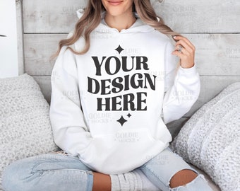 Gildan 18500 White Hoodie Mockup | G185 Hooded Sweatshirt Mockup | Model Mock | Gildan 18500 Hoodie | Oversized Simple White Hoodie Mock-up