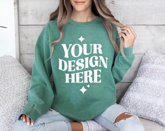 Comfort Colors C1566 Light Green Sweatshirt Mockup | C1566 Light Green Crewneck Mock-up | Model Mock | Simple Minimal Aesthetic Green Mock