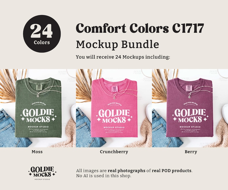 May include: A mockup bundle of 24 t-shirts in various colors, including moss green, pink, and berry. The t-shirts feature a logo with the text "Goldie Mocks" and a plus sign. The image shows the t-shirts laid out on a white surface with a variety of props, including dried flowers, jeans, and a fluffy white rug.