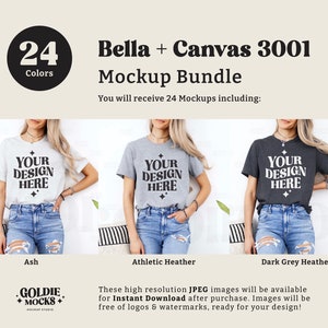 May include: Mockup bundle of 24 t-shirt designs in various colors. The image shows three t-shirts in different colors: ash, athletic heather, and dark grey heather. Each t-shirt has the text "Your Design Here" printed on the front.