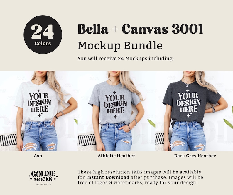 May include: Mockup bundle of 24 t-shirt designs in various colors. The image shows three t-shirts in different colors: ash, athletic heather, and dark grey heather. Each t-shirt has the text "Your Design Here" printed on the front.