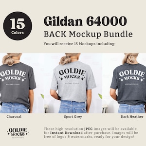 May include: A mockup bundle of 15 Gildan 64000 t-shirts in various colours. The t-shirts are shown on models from the back, with the text "GOLDIE MOCKS" printed on the back. The colours shown are charcoal, sport grey, and dark heather.