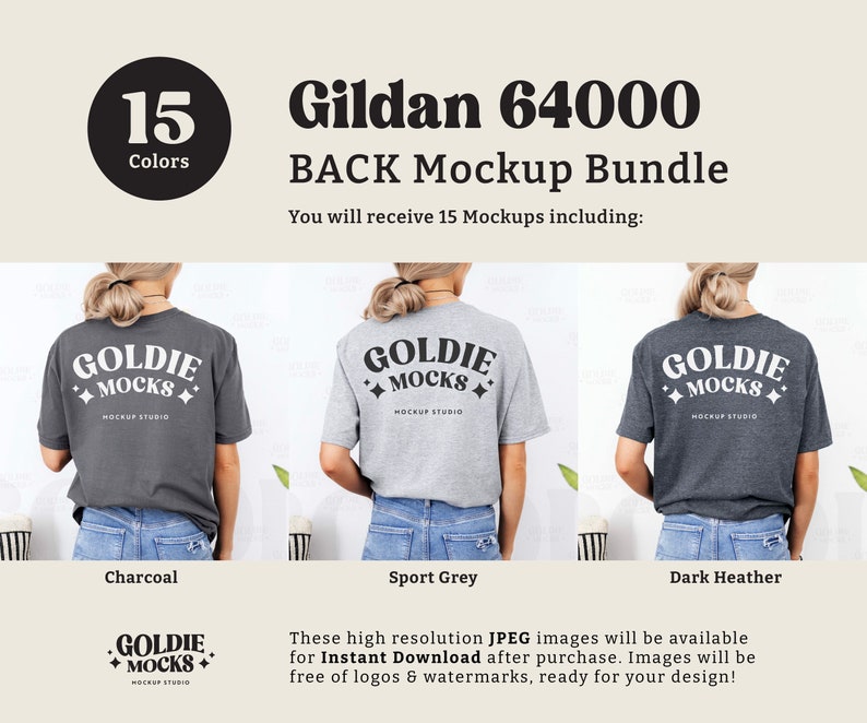 May include: A mockup bundle of 15 Gildan 64000 t-shirts in various colours. The t-shirts are shown on models from the back, with the text "GOLDIE MOCKS" printed on the back. The colours shown are charcoal, sport grey, and dark heather.