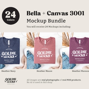 May include: A mockup bundle of 24 Bella + Canvas 3001 t-shirts in three colors: heather navy, heather mauve, and heather maroon. Each t-shirt features the text "Goldie + Mocks" in white.