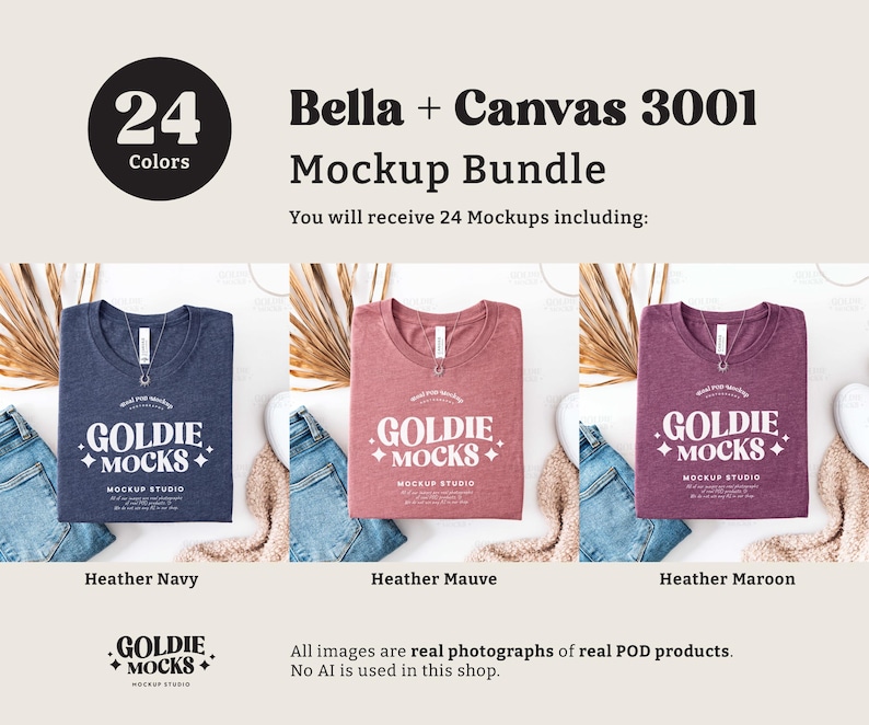 May include: A mockup bundle of 24 Bella + Canvas 3001 t-shirts in three colors: heather navy, heather mauve, and heather maroon. Each t-shirt features the text "Goldie + Mocks" in white.
