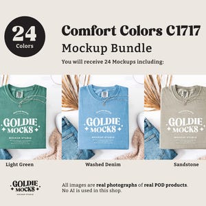 May include: A mockup bundle of 24 t-shirts in various colors, including light green, washed denim, and sandstone. The t-shirts feature the text "Goldie Mocks" and a logo with a diamond shape and a plus sign. The text "Comfort Colors C1717 Mockup Bundle" is displayed at the top of the image.