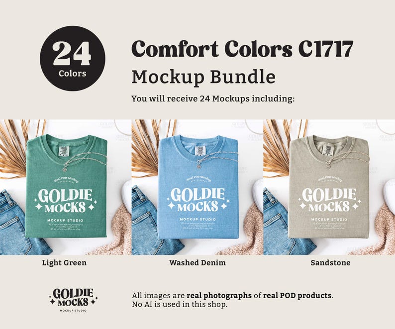 May include: A mockup bundle of 24 t-shirts in various colors, including light green, washed denim, and sandstone. The t-shirts feature the text "Goldie Mocks" and a logo with a diamond shape and a plus sign. The text "Comfort Colors C1717 Mockup Bundle" is displayed at the top of the image.