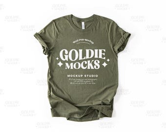 Bella Canvas 3001 Military Green Shirt Flat Lay Mockup | 3001 Green Tshirt Mock-up | Real Product Mock | Simple Neutral Minimal Basic Plain