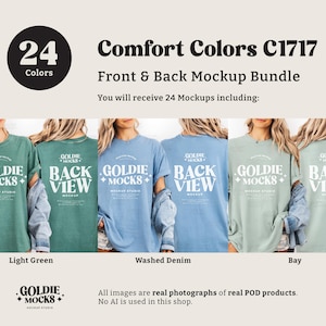 May include: A mockup bundle featuring Comfort Colors C1717 t-shirts in various colors, including light green, washed denim, and bay. The image displays front and back views of the shirts, with the text "GOLDIE MOCKS" and "BACK VIEW" visible.