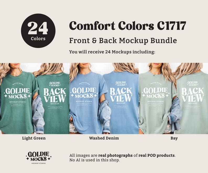 May include: A mockup bundle featuring Comfort Colors C1717 t-shirts in various colors, including light green, washed denim, and bay. The image displays front and back views of the shirts, with the text "GOLDIE MOCKS" and "BACK VIEW" visible.