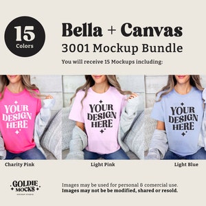 May include: A mockup bundle of 15 t-shirt designs featuring a light pink, light blue, and charity pink t-shirt with the text "Your Design Here" on each. The text is in a black, bold font. The t-shirts are displayed on a model wearing a gray cardigan.