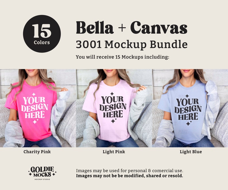 May include: A mockup bundle of 15 t-shirt designs featuring a light pink, light blue, and charity pink t-shirt with the text "Your Design Here" on each. The text is in a black, bold font. The t-shirts are displayed on a model wearing a gray cardigan.