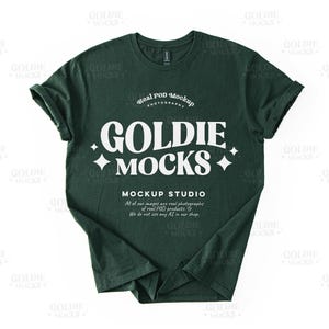 May include: A dark green t-shirt mockup with the text "Goldie Mocks" in white. The text "Real POD Mockup Photography" and "Mockup Studio" are also included in white.