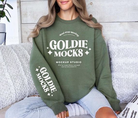 Gildan 18000 Military Green Sweatshirt Sleeve Mockup | G180 Green Crewneck Sleeve Mockup | Real Model Mock | Green Sleeve | Simple Neutral