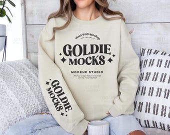 Gildan 18000 Sand Sweatshirt Sleeve Mockup | G180 Sand Crewneck Sleeve Mockup | Real Model Mock | Gildan 18000 Beige Sleeve | Simple Casual