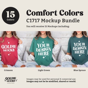 May include: A mockup bundle of 15 t-shirts in various colors, including crimson, light green, and blue spruce. The t-shirts feature the text "Your Design Here" and "Goldie Mocks" on them. The image is for personal and commercial use, but cannot be modified, shared, or resold.