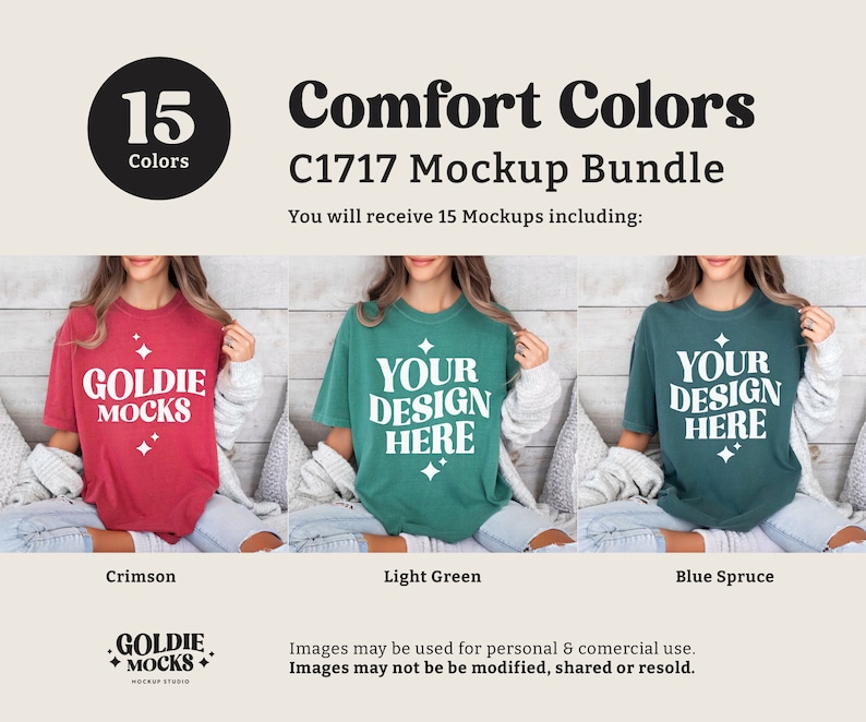May include: A mockup bundle of 15 t-shirts in various colors, including crimson, light green, and blue spruce. The t-shirts feature the text "Your Design Here" and "Goldie Mocks" on them. The image is for personal and commercial use, but cannot be modified, shared, or resold.