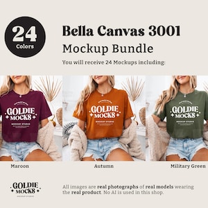 May include: A mockup bundle of 24 Bella Canvas 3001 t-shirts in various colors, including maroon, autumn, and military green. The t-shirts feature a white graphic with the text "Goldie + Mocks + Mockup Studio".