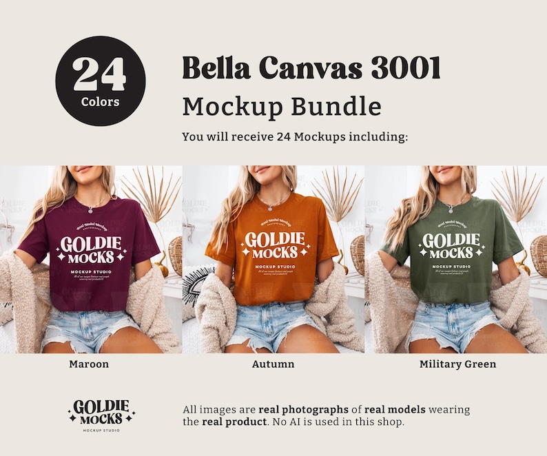 May include: A mockup bundle of 24 Bella Canvas 3001 t-shirts in various colors, including maroon, autumn, and military green. The t-shirts feature a white graphic with the text "Goldie + Mocks + Mockup Studio".