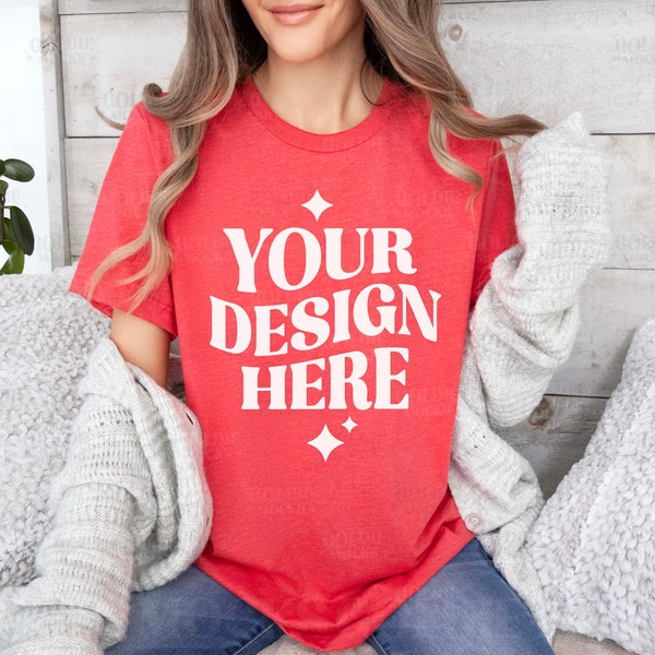 Bella Canvas 3001 Heather Red Tshirt Mockup | 3001 Red T-shirt Mockup | Real Model Mock | Simple Aesthetic Cozy Red Bella Canvas Tee Shirt