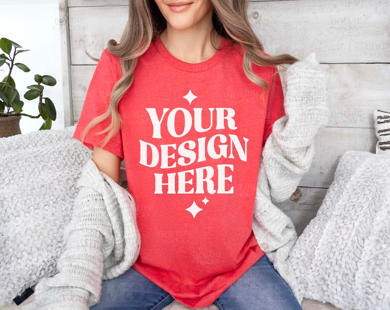 Bella Canvas 3001 Heather Red Tshirt Mockup 3001 Red T-shirt Mockup Real Model Mock Simple Aesthetic Cozy Red Bella Canvas Tee Shirt image 1