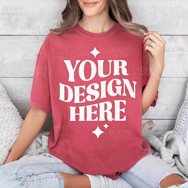 Comfort Colors C1717 Crimson Shirt Mockup | Red Tshirt Mockup | Oversized Shirt | Model | CC Crimson Red Mockup | Simple Cozy Lifestyle Mock