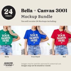 May include: Three women wearing different colored t-shirts with the text "YOUR DESIGN HERE" on the front. The t-shirts are Kelly green, True Royal blue, and red. The women are wearing blue jeans and standing in front of a white wall.