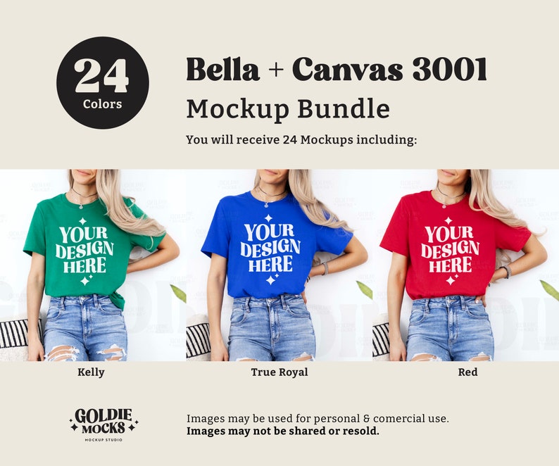 May include: Three women wearing different colored t-shirts with the text "YOUR DESIGN HERE" on the front. The t-shirts are Kelly green, True Royal blue, and red. The women are wearing blue jeans and standing in front of a white wall.