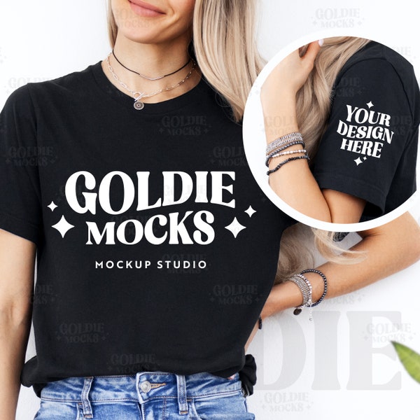 Bella Canvas 3001 Black Tshirt Sleeve and Front Mockup | 3001 Black Shirt Sleeve Arm Mock-up | Real Model Mock | Simple Minimal Casual Tee