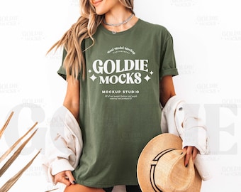 Gildan 64000 Military Green Tshirt Mockup | Long G640 Green T-shirt Mock-up | Real Model Mock | Styled Trendy Spring Summer Boho Aesthetic