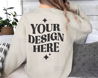 Gildan 18000 Sand Sweatshirt Back Mockup | Back of G180 Sand Crewneck Mockup | Model | Gildan 18000 Back View | Beige Tan | Simple Mock