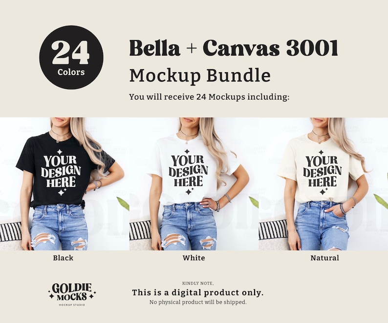 May include: Mockup bundle of 24 t-shirt designs in black, white, and natural colors. The t-shirts feature the text "Your Design Here" on the front.