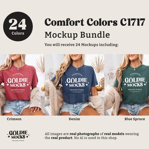 K&ouml;nnte beinhalten: Ein Mockup-Paket mit 24 T-Shirt-Designs in verschiedenen Farben. Die T-Shirts werden auf Models gezeigt, die Jeans-Shorts tragen. Die T-Shirts zeigen den Text "Goldie + Mocks + Mockup Studio".