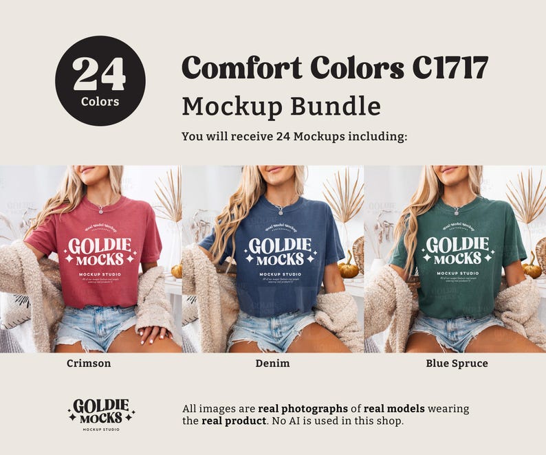 K&ouml;nnte beinhalten: Ein Mockup-Paket mit 24 T-Shirt-Designs in verschiedenen Farben. Die T-Shirts werden auf Models gezeigt, die Jeans-Shorts tragen. Die T-Shirts zeigen den Text "Goldie + Mocks + Mockup Studio".