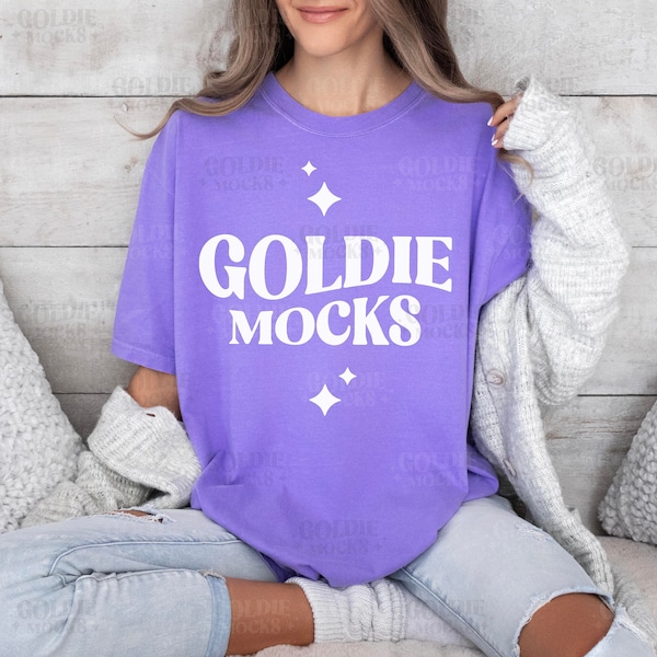 Comfort Colors C1717 Violet Shirt Mockup | Purple T-shirt Mockup | Real Model Mock | CC Violet | Simple Oversized Purple Cozy Tshirt Mockup