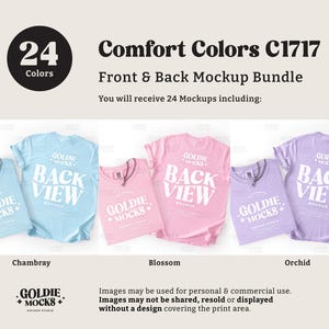 May include: A mockup bundle featuring Comfort Colors C1717 t-shirts in chambray, blossom, and orchid. The shirts display front and back views with the text "BACK VIEW" in white. The image includes a circle with "24 Colors" and the Goldie Mocks logo.