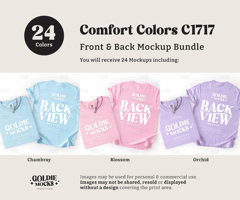 May include: A mockup bundle featuring Comfort Colors C1717 t-shirts in chambray, blossom, and orchid. The shirts display front and back views with the text "BACK VIEW" in white. The image includes a circle with "24 Colors" and the Goldie Mocks logo.
