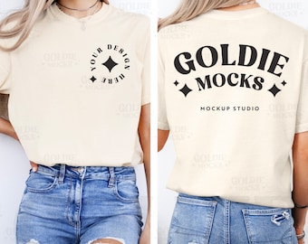 Comfort Colors C1717 Ivory Shirt Front & Back Mockup | 1717 Ivory Tshirt Vorderseite Rückseite Split Mock-up | Trendy Minimal Ästhetischer Real Model Mock