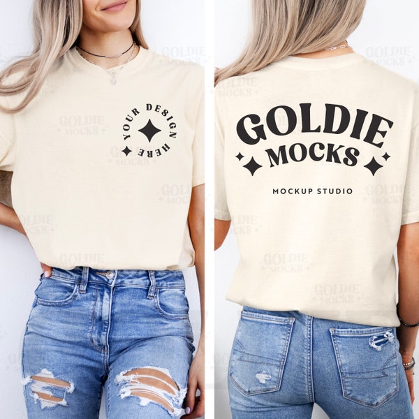 Comfort Colors C1717 Ivory Shirt Front & Back Mockup | 1717 Ivory Tshirt Front Back Split Mock-up | Trendy Minimal Aesthetic Real Model Mock