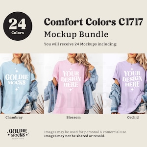May include: A mockup bundle of 24 t-shirt designs in various colors. The t-shirts are shown on models wearing denim jackets. The colors include Chambray, Blossom, and Orchid. The text "GOLDIE MOCKS" is visible in the image.