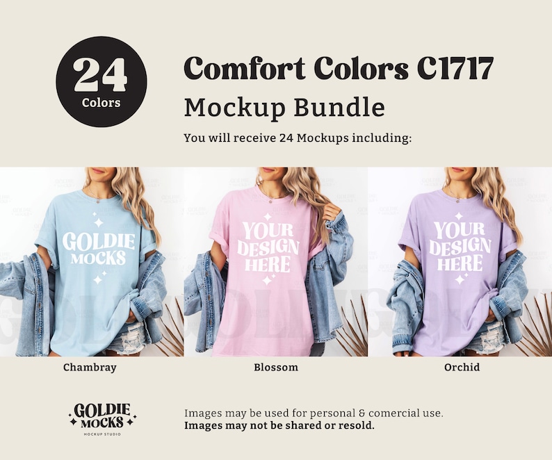 May include: A mockup bundle of 24 t-shirt designs in various colors. The t-shirts are shown on models wearing denim jackets. The colors include Chambray, Blossom, and Orchid. The text "GOLDIE MOCKS" is visible in the image.