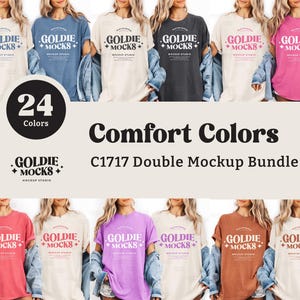 May include: A mockup bundle featuring a variety of Comfort Colors t-shirts in various colors. The shirts are displayed on models, showcasing the different shades available. The text on the shirts reads "GOLDIE MOCKS" and "MOCKUP STUDIO". The image also includes the text "24 Colors" and "C1717 Double Mockup Bundle".