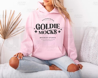 Gildan 18500 Light Pink Hoodie Mockup | G185 Pink Hooded Sweatshirt Mockup | Real Model Mock | Neutral Simple Minimal Trendy Boho Aesthetic