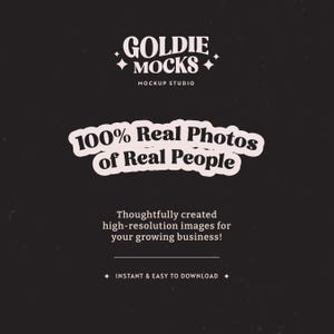 May include: A black and white graphic with the text "GOLDIE MOCKS" in white, with the words "MOCKUP STUDIO" below. The text "100% Real Photos of Real People" is in a white rounded rectangle. The text "Thoughtfully created high-resolution images for your growing business!" is in white. The text "INSTANT & EASY TO DOWNLOAD" is in white.