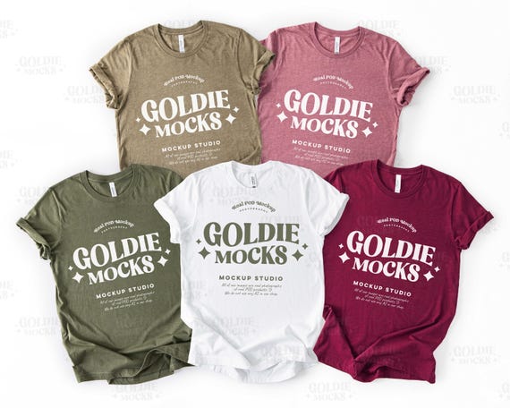 Bella Canvas 3001 Group Shirt Mockup | 3001 White Military Green Heather Olive Maroon Mauve Tshirt Mockup | Neutral Unisex Earthy Flatlay