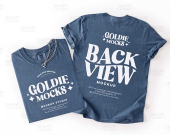 Comfort Colors C1717 Denim Tshirt Front Back Mockup | 1717 Denim Blue T-Shirt Flatlay Mock-up | Real Photo | Minimal Neutral Back View Tee