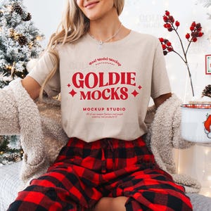 Bella Canvas 3001 Tan Tshirt Mockup | BC 3001 Tan Beige Shirt Mock-up | Real Model Mock | Cozy Casual Flannel Christmas Holiday Aesthetic