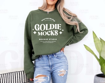Gildan 18000 Military Green Sweatshirt Mockup | G180 Green Crewneck Mock-up | Real Model Mock | Casual Sweater | Simple Minimal Aesthetic
