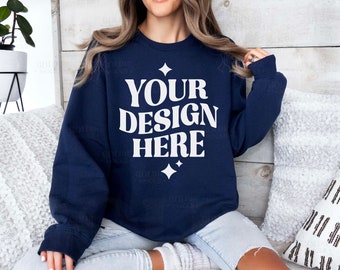 Gildan 18000 Navy Sweatshirt Mockup | G180 Navy Crewneck Mockup | Real Model Mock | Gildan 180 Navy Sweater | Cozy Oversized Simple Neutral